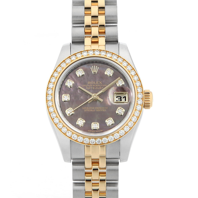 ロレックス デイトジャスト ベゼルダイヤ 10Pダイヤ 179383NG ブラックシェル ランダム番 中古 レディース