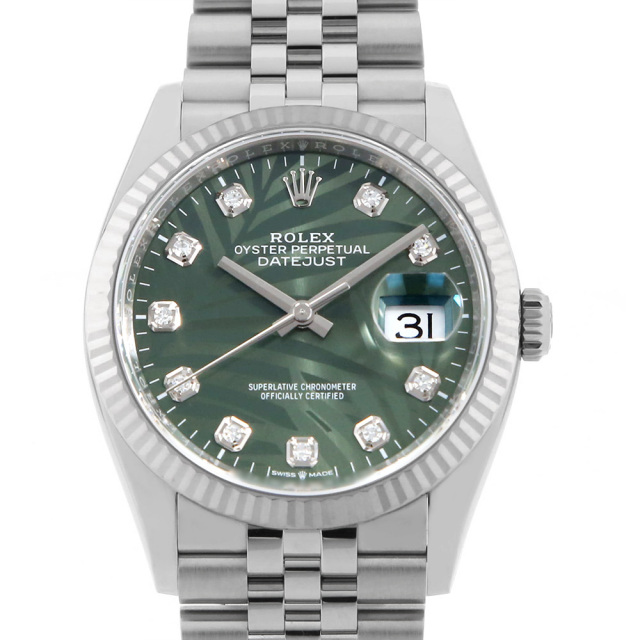 ロレックス デイトジャスト36 10Pダイヤ 126234G グリーン パームモチーフ 5列 ジュビリーブレス ランダム番 中古 メンズ