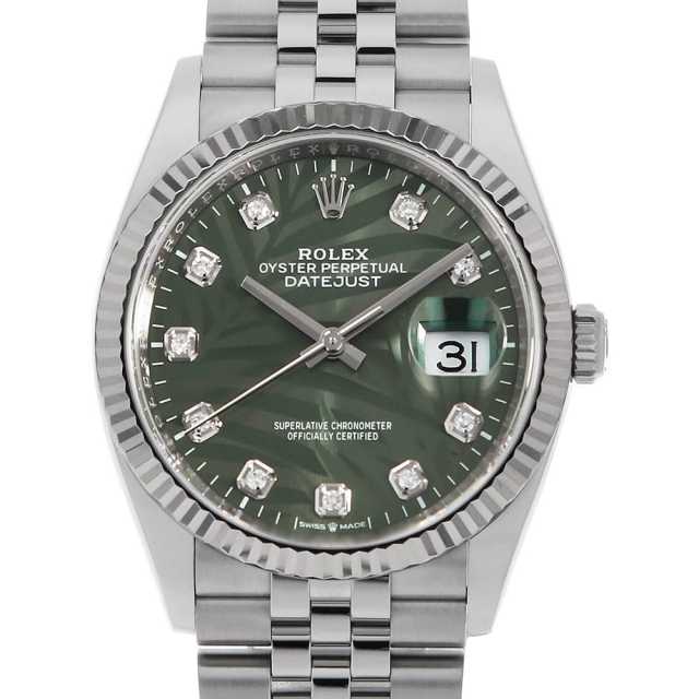 ロレックス デイトジャスト36 10Pダイヤ 126234G オリーブグリーン パームモチーフ 5列 ジュビリーブレス ランダム番 中古 メンズ